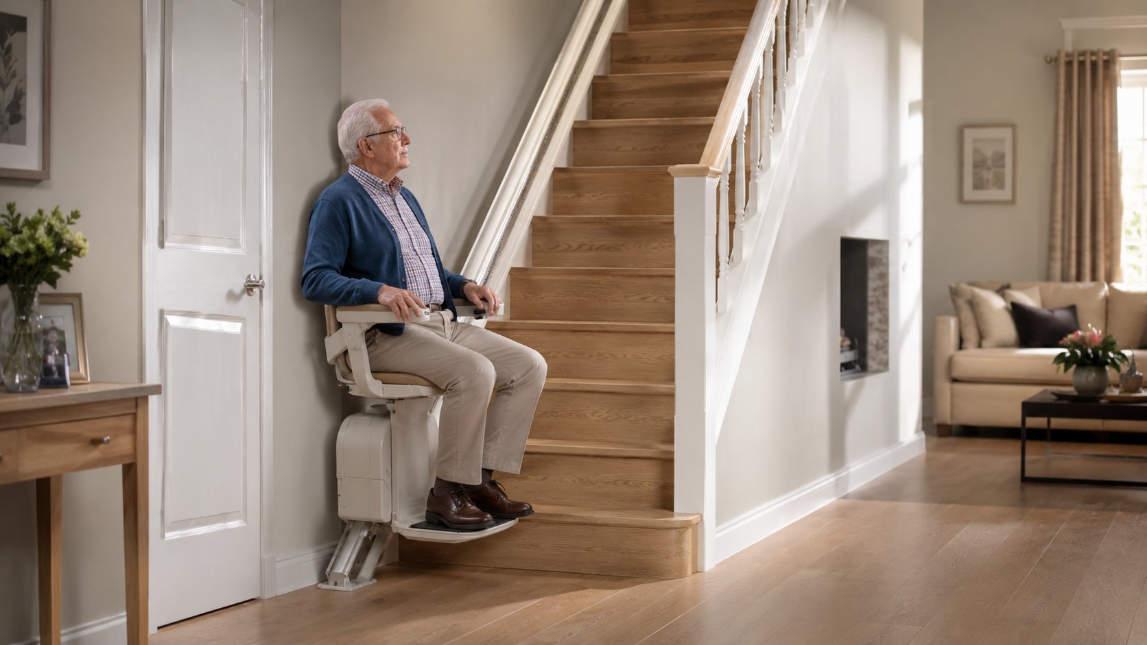 Personne agee installee confortablement sur un monte-escalier